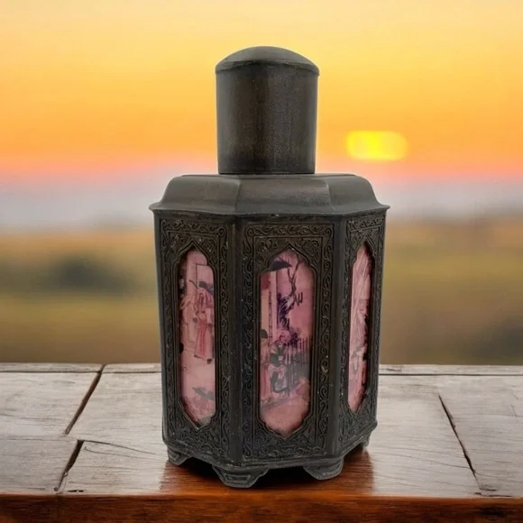 Early 1900's Chinese Shantou Pewter Tea Caddy With Reverse Painted Glass Panels - Picture 1 of 10